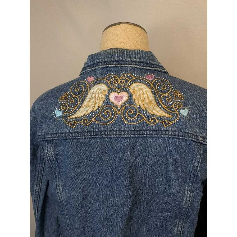 Women's Danbury Denim Jacket Size L Embroidered‎ Wings Heart Faye Jean